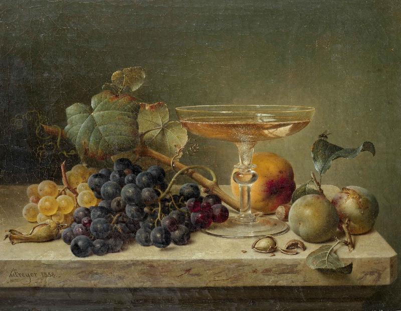 Johann Wilhelm Preyer nuts and a glass on a marble ledge oil painting picture